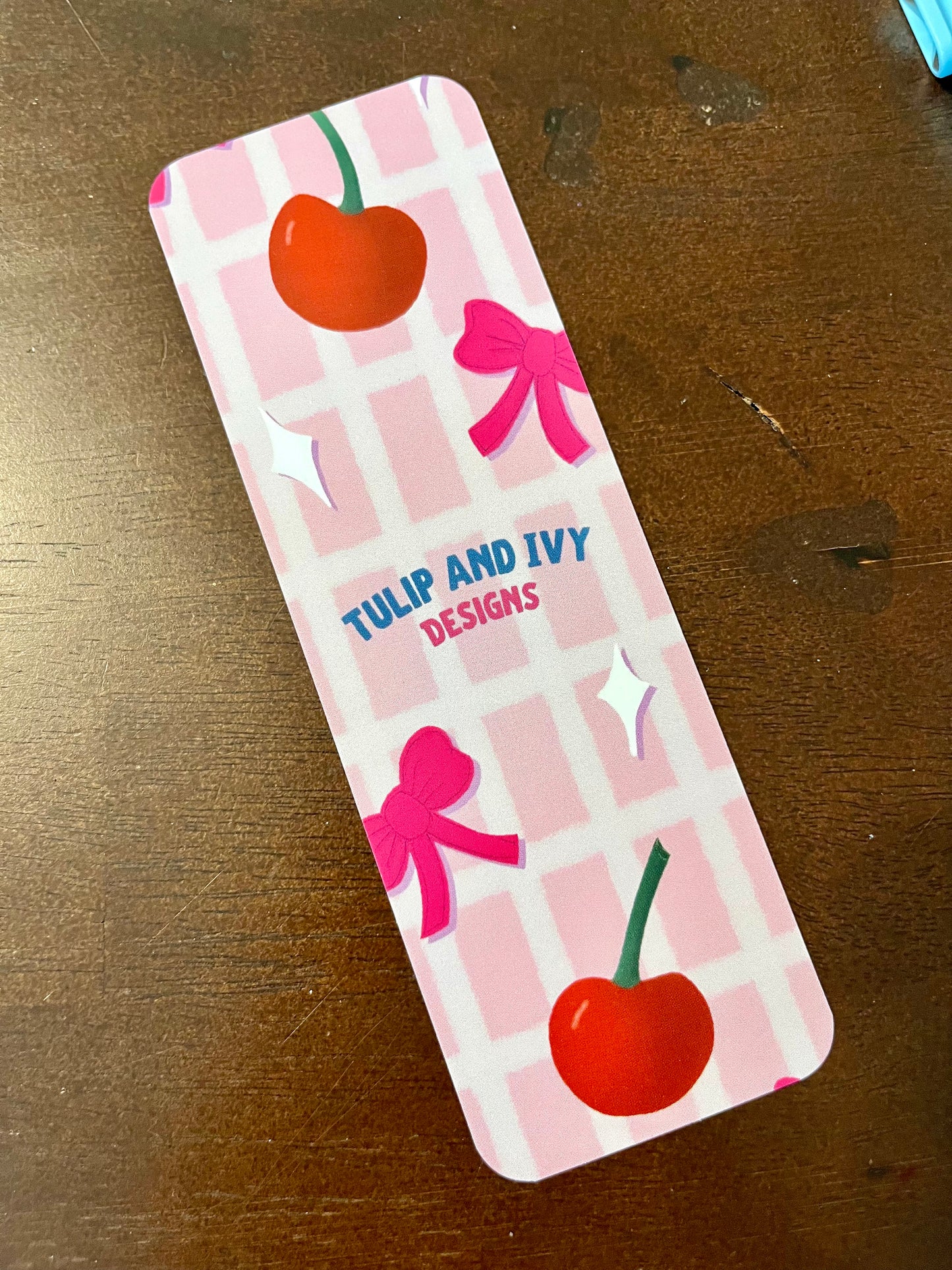 Cherries and Bows Pink Gingham Bookmark