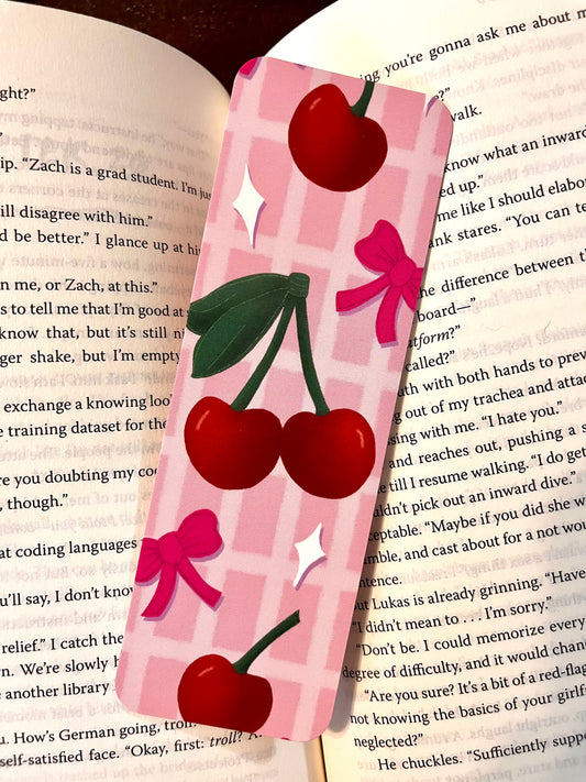 Cherries and Bows Pink Gingham Bookmark
