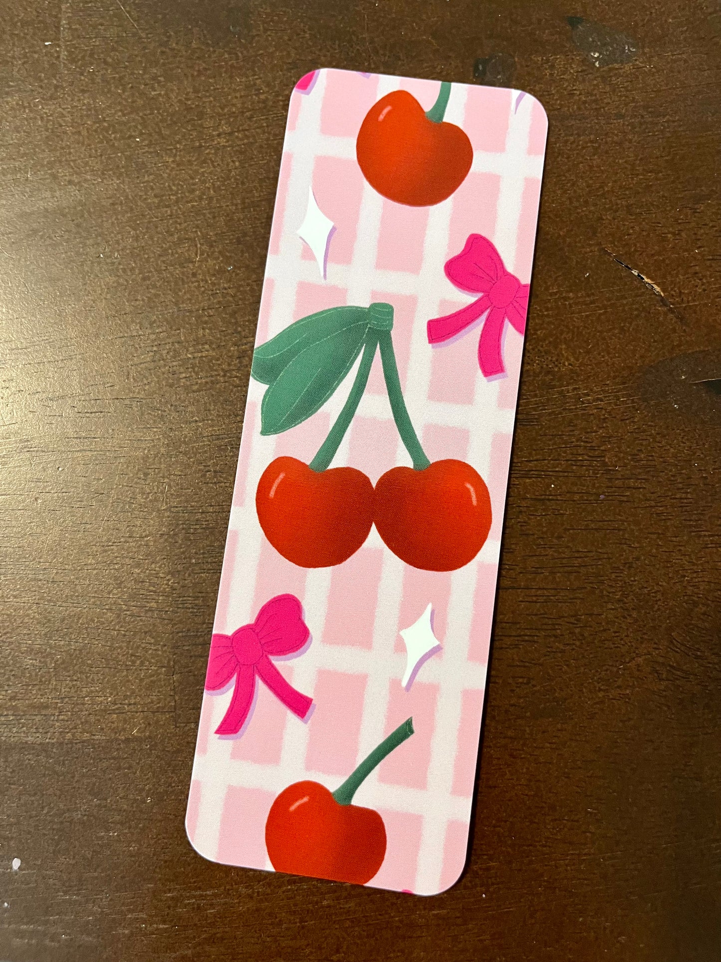 Cherries and Bows Pink Gingham Bookmark