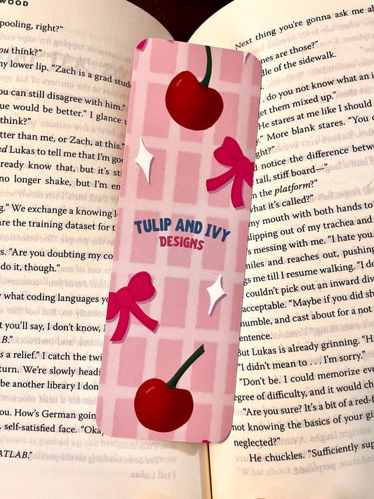 Cherries and Bows Pink Gingham Bookmark