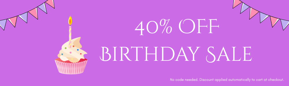 Promotional banner with a birthday cupcake and '40% off Birthday Sale' text on a purple background.