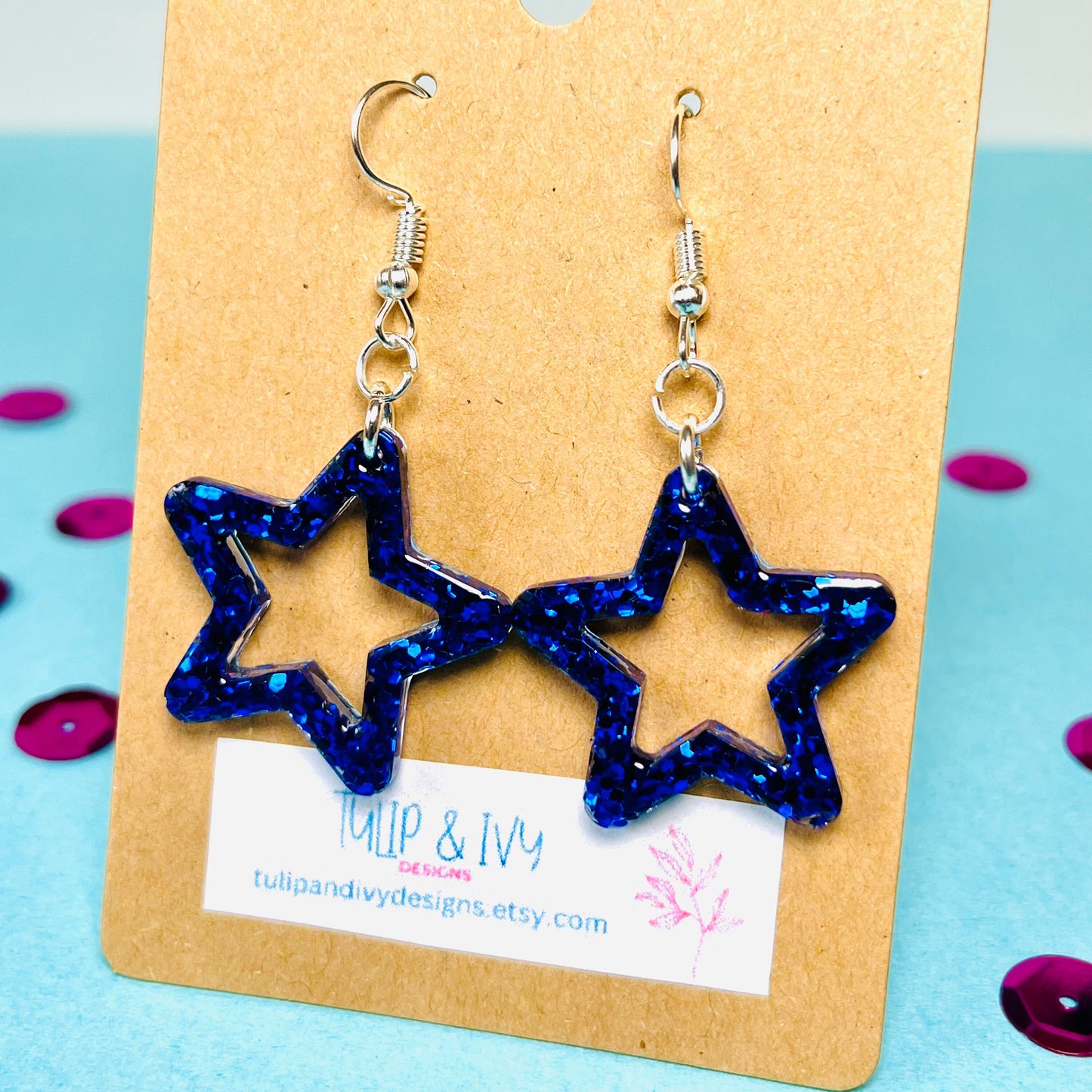 Blue Glitter Star Dangle Earrings