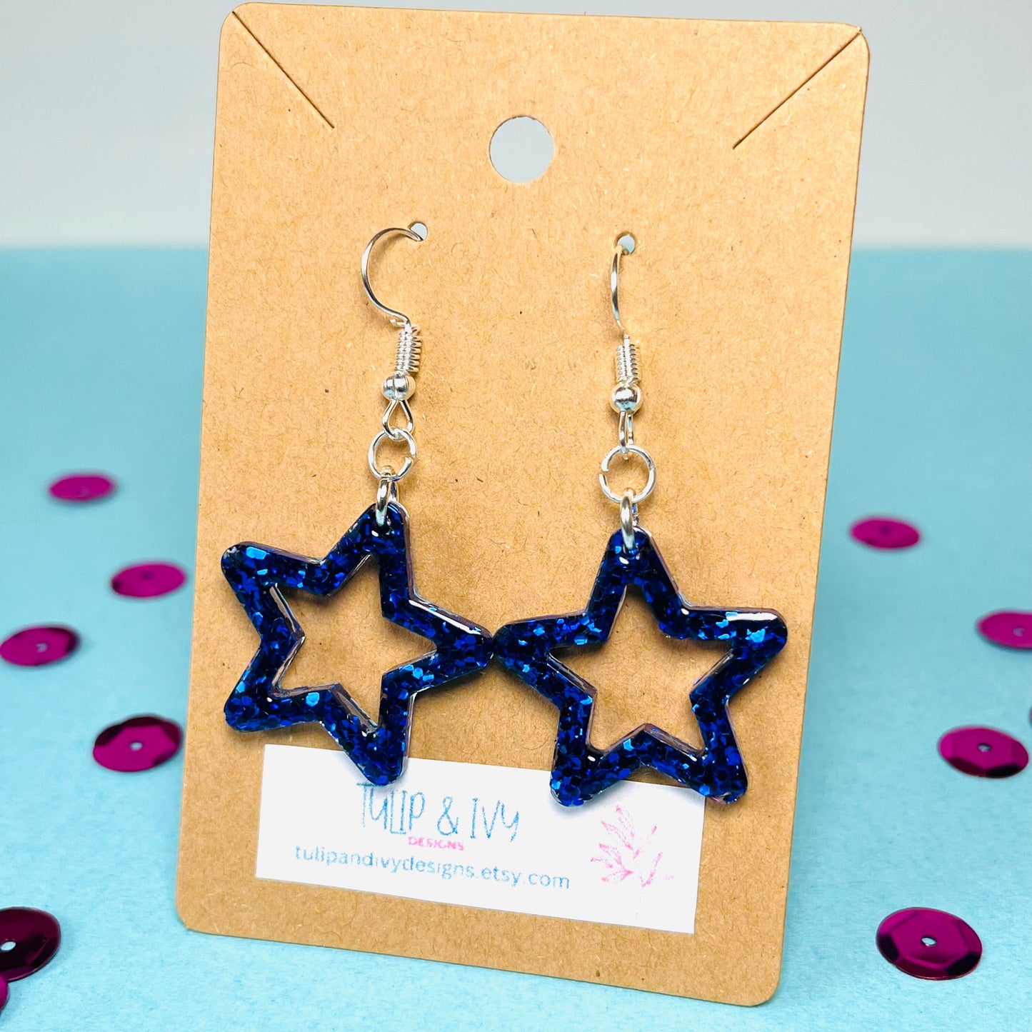 Blue Glitter Star Dangle Earrings