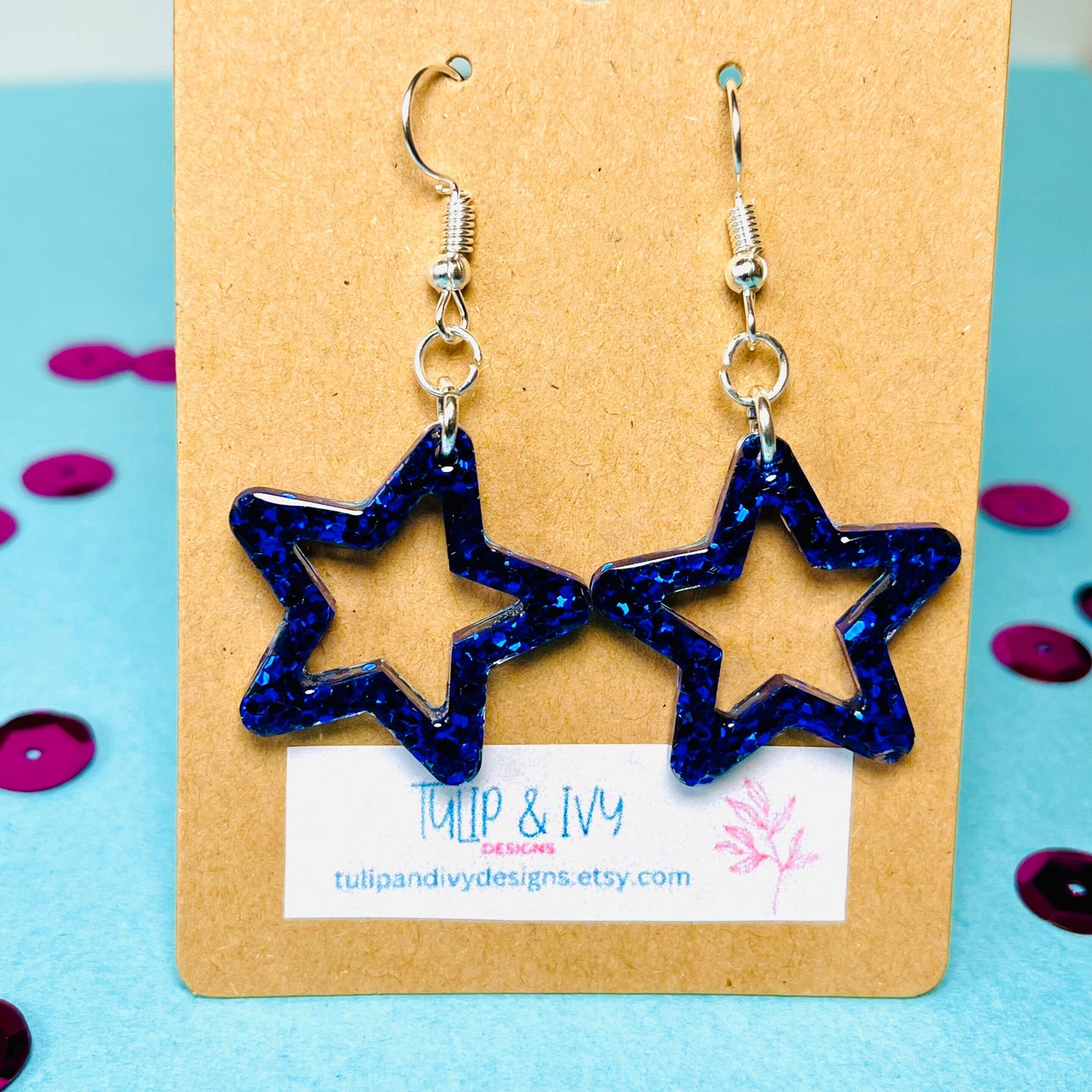 Blue Glitter Star Dangle Earrings