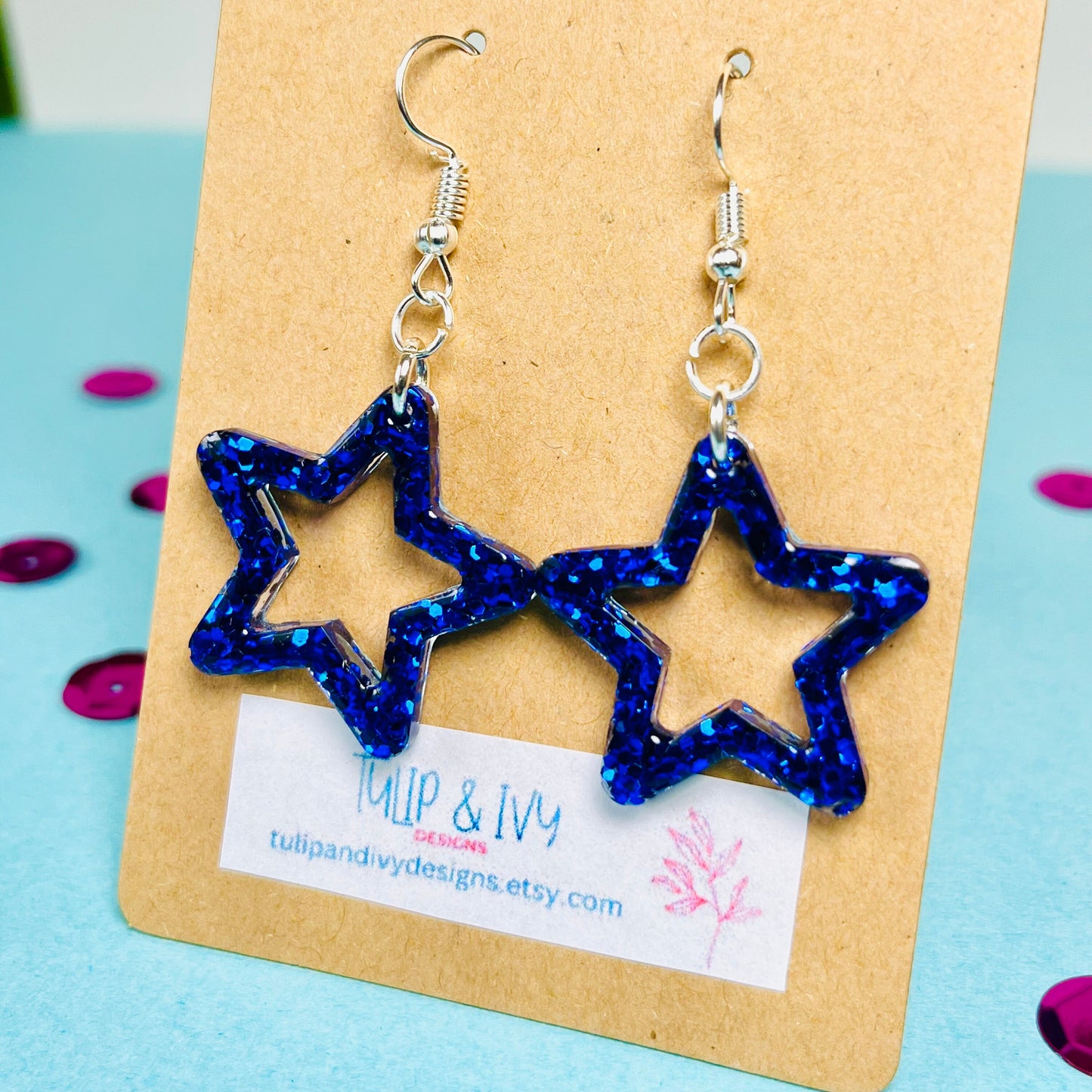 Blue Glitter Star Dangle Earrings