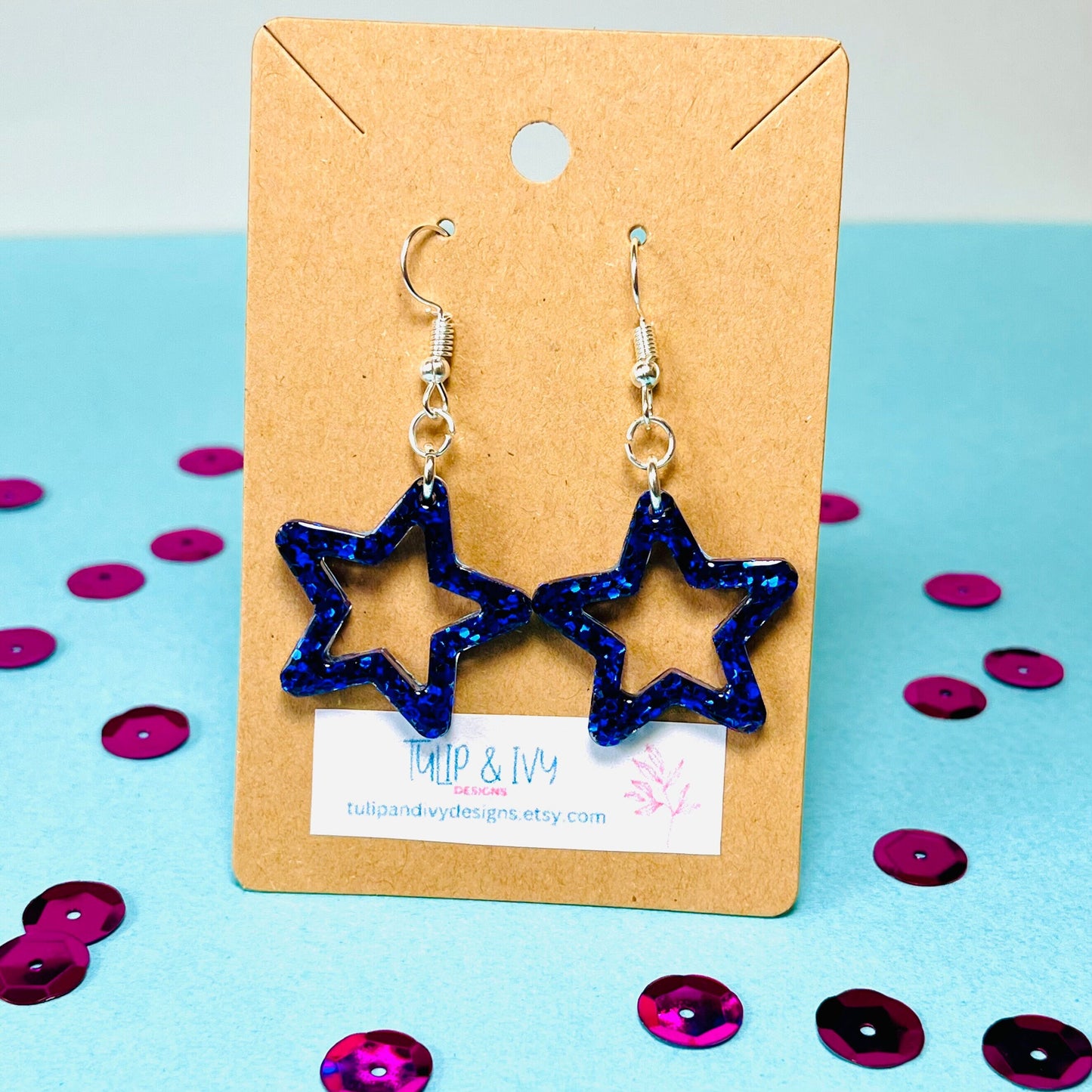 Blue Glitter Star Dangle Earrings